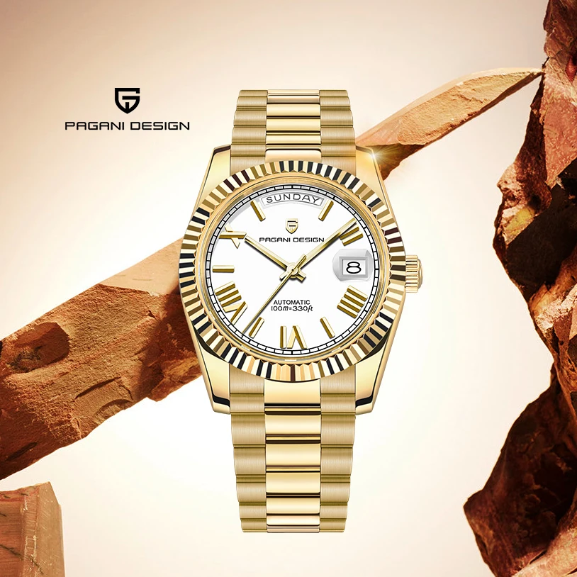 PAGANI DESIGN 2026 Neue Gold-Weiße Luxus Automatikuhr für Herren mit Saphirglas, Datums- und Wochenanzeige, Mechanische Armbanduhr mit ST16 Uhrwerk Image