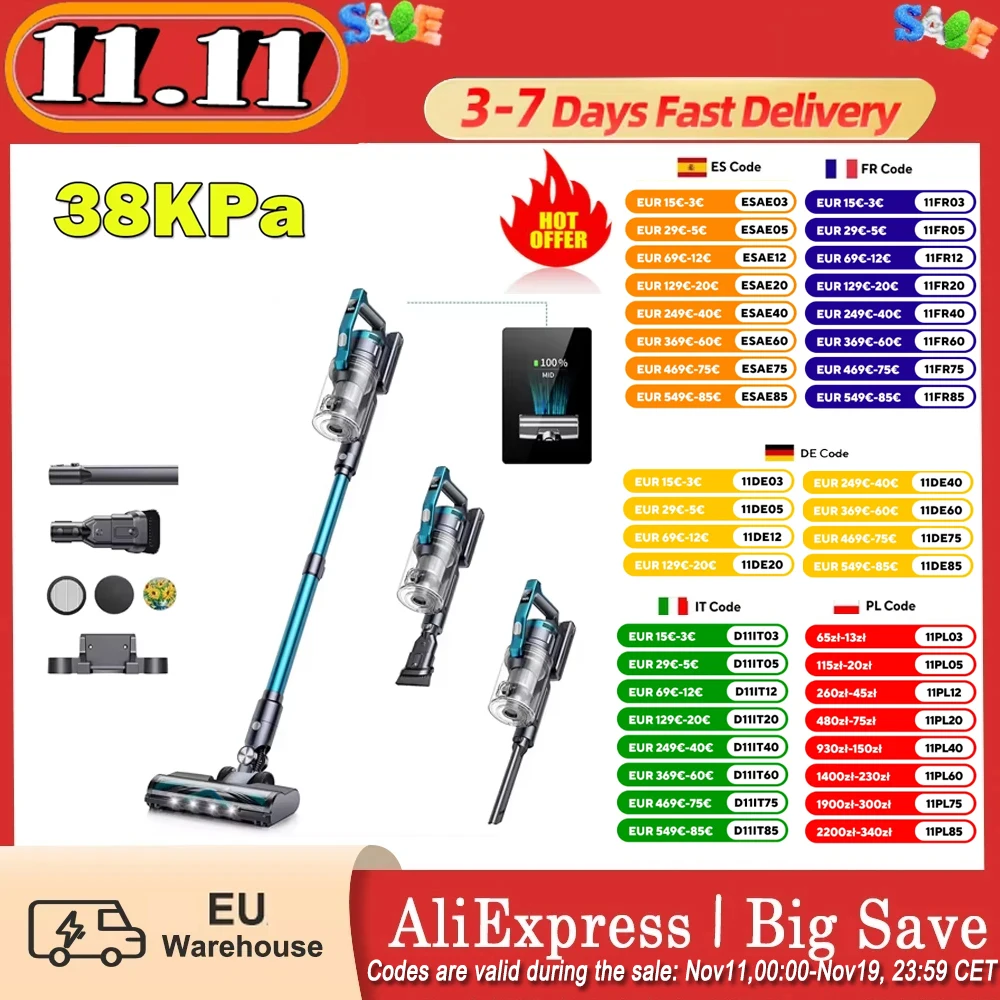Buture Vc60 Akku-Staubsauger, 450 W, 38 kPa, leistungsstarke Saugleistung, 55 Minuten Laufzeit, für Zuhause, Boden, Teppich, Autoreinigung Image