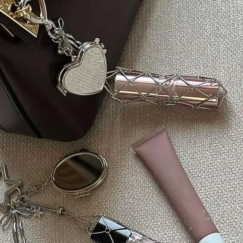 Metall Net Tasche Lippenstift Schutzhülle Schlüsselanhänger Make-up Tasche Mode Hosen Kette Liebe und Stern Y2K Hip-Hop-Stil mit Spiegel