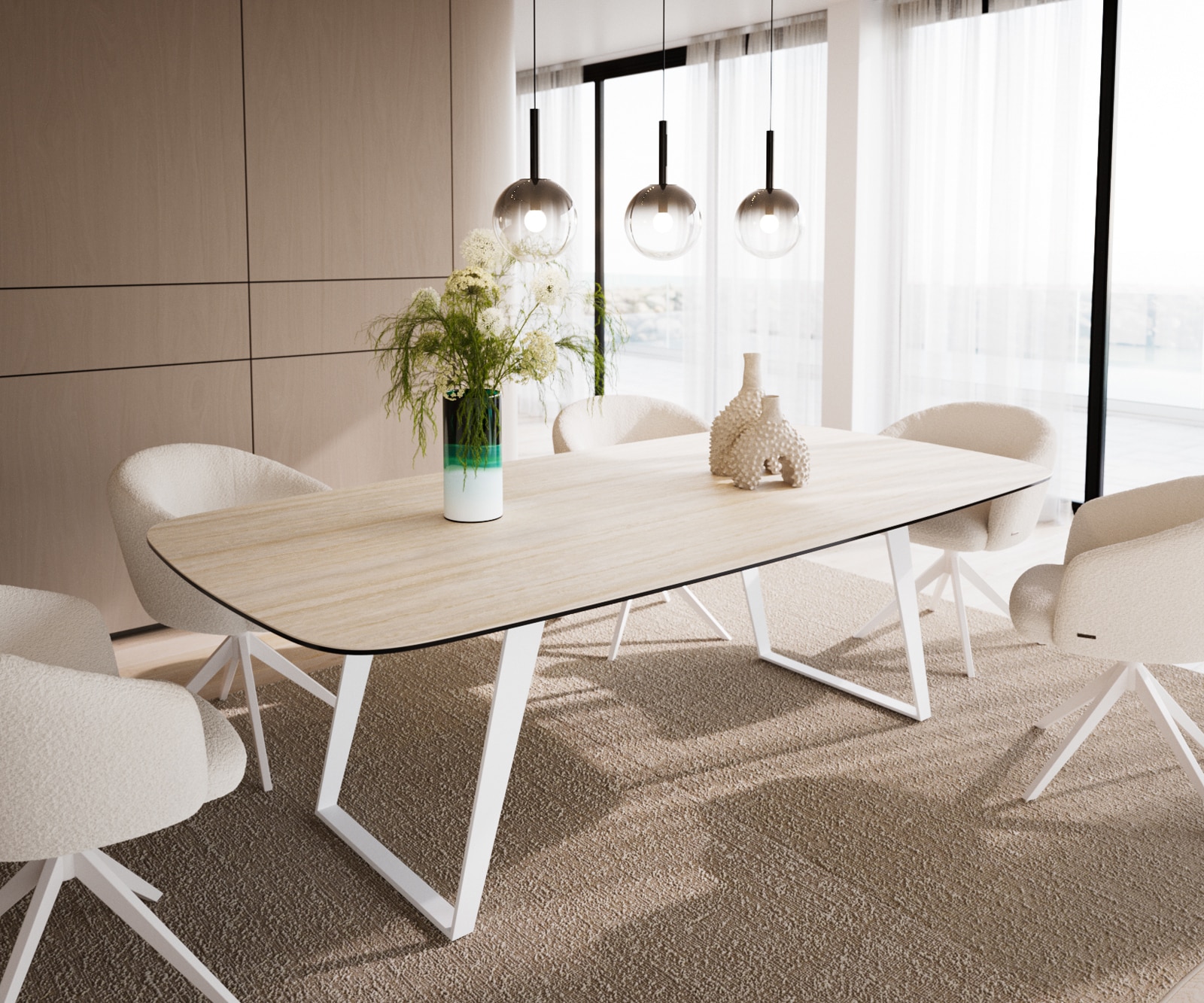 DELIFE Esstisch Edge Boot 240x120 cm Keramik Travertin Natur Metall Schräg Weiß, Esstische Image