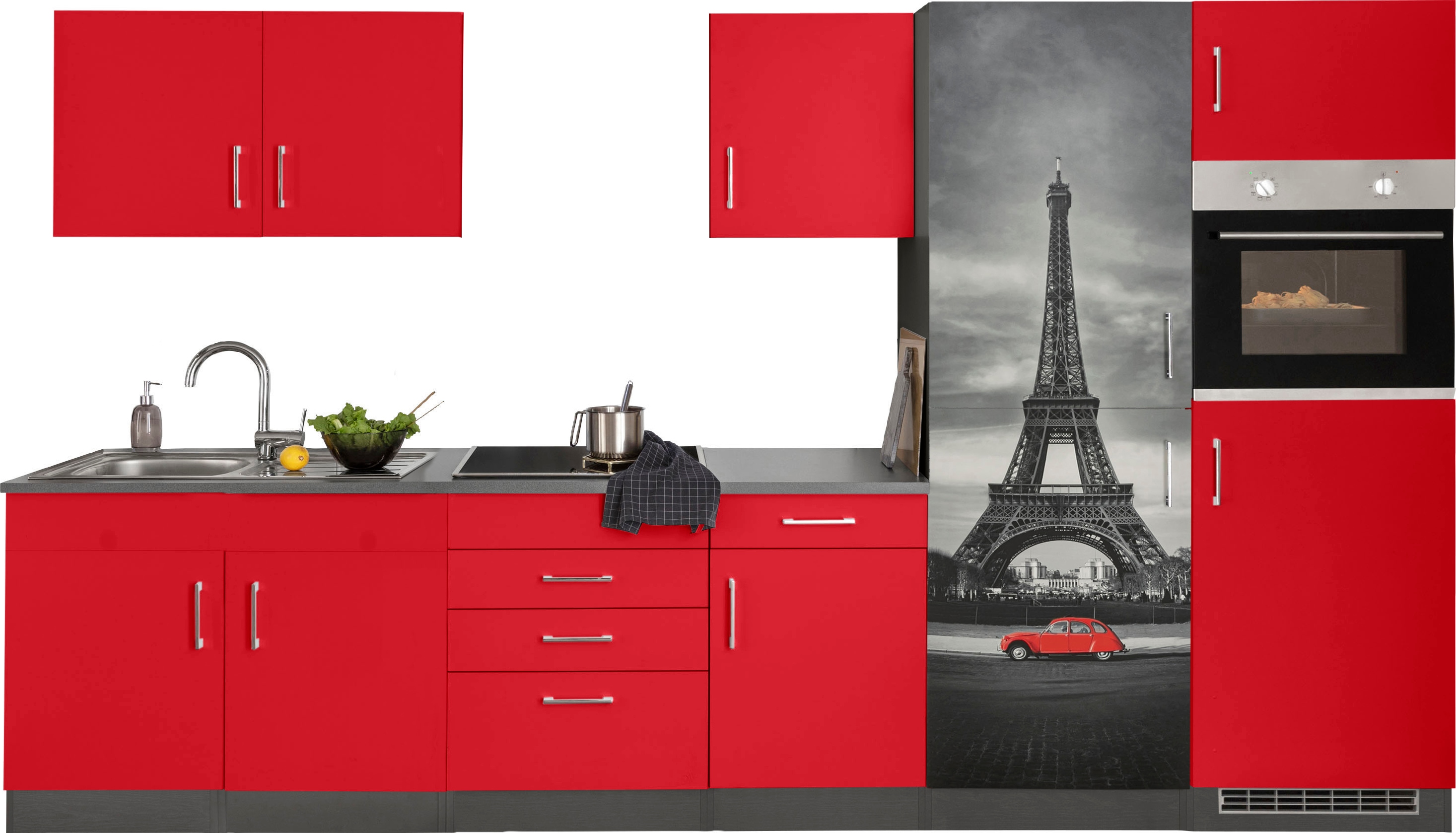 Küchenzeile KOCHSTATION "KS-Paris – Küchen mit einzigartigen Fotomotiven auf den Fronten", rot (küche: rot, front: rot, korpus: grafit, arbeitsplatte: anthrazit), B:330cm H:200cm T:60cm, Komplettküchen-Sets, Küchenzeile, Breite 330 cm, wahlweise mit...