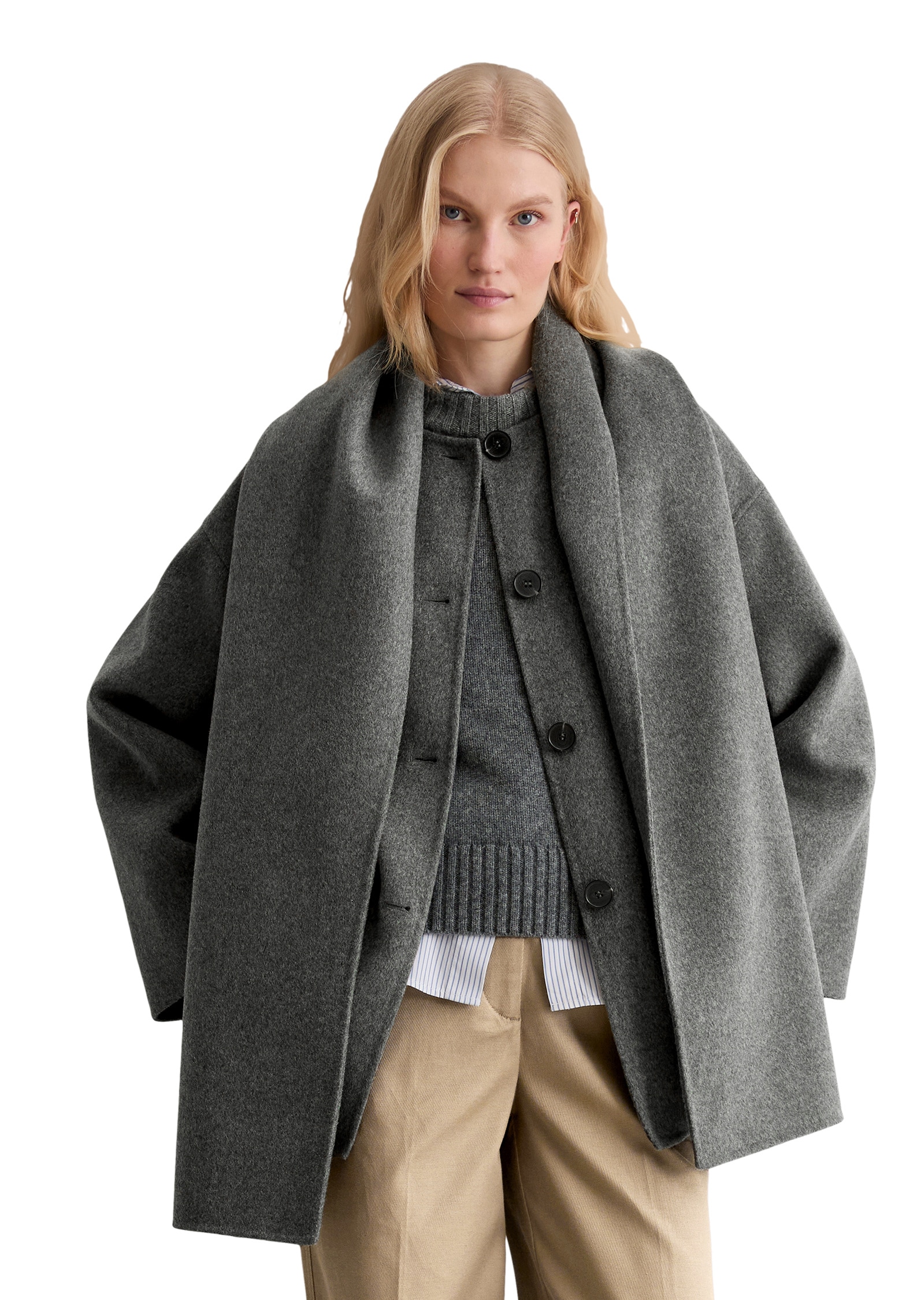 Outdoorjacke MARC O'POLO "aus Doubleface-Wolle-Mix", Damen, Gr. 34, warm granite melange, Obermaterial: 50% Wolle (Schafwolle), 50% Polyester, unifarben, relaxed fit, blind abgesteppte Kante, Jacken Outdoorjacke