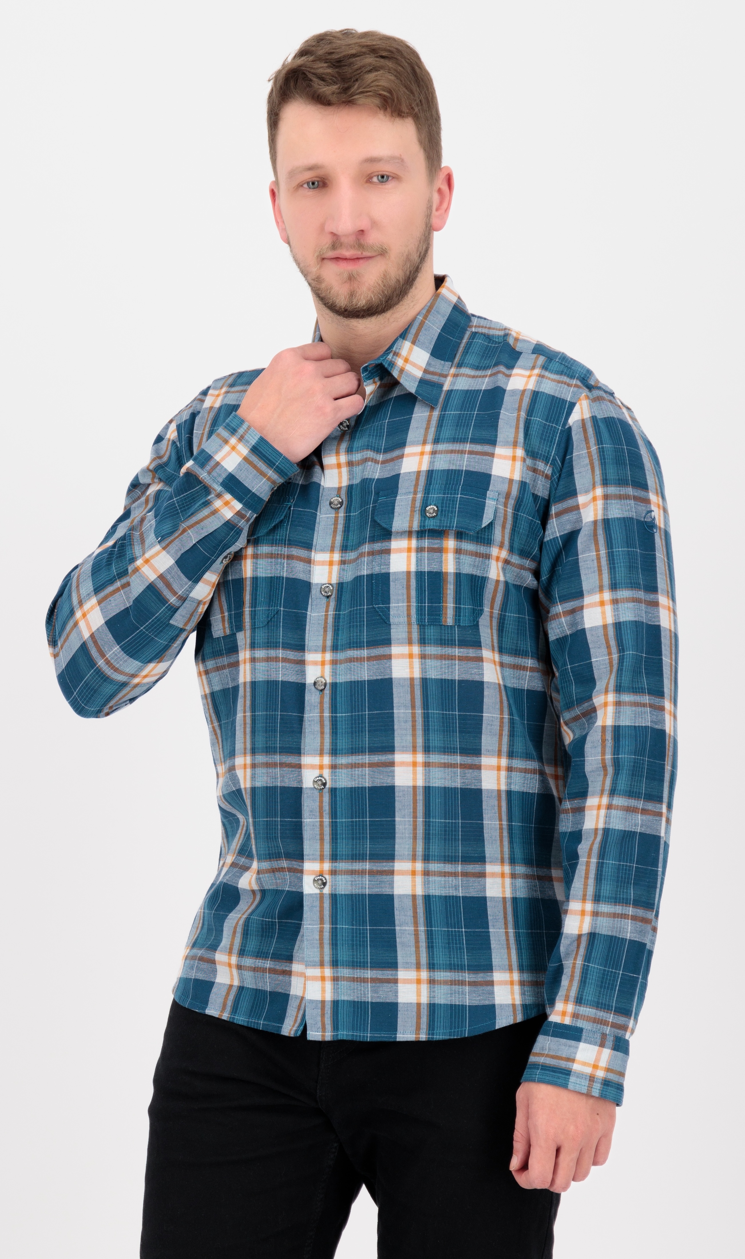 Outdoorhemd DEPROC ACTIVE "DENVER M MEN", Damen, Gr. 4XL (60), Normalgrößen, blau, orange, check, 50% Polyester; 40% Baumwolle; 10% Leinen, Hemden, auch in Großen Größen erhältlich