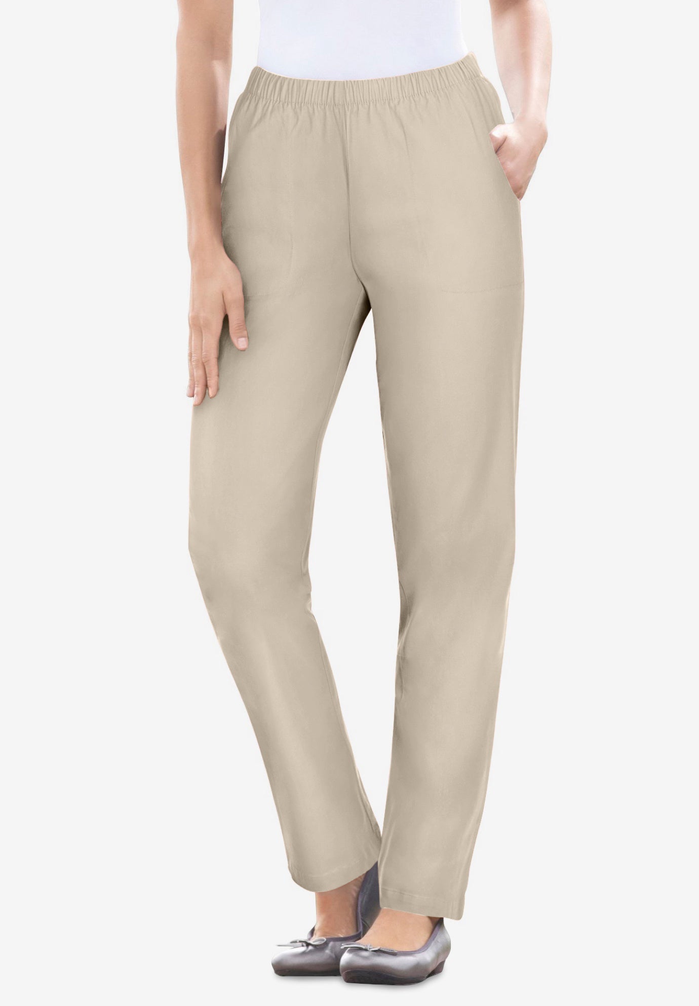 Plus Size Women's Straight Leg Fineline Pull-On Stretch Denim Jeans by Woman Within in Natural Khaki (Size 28 W)