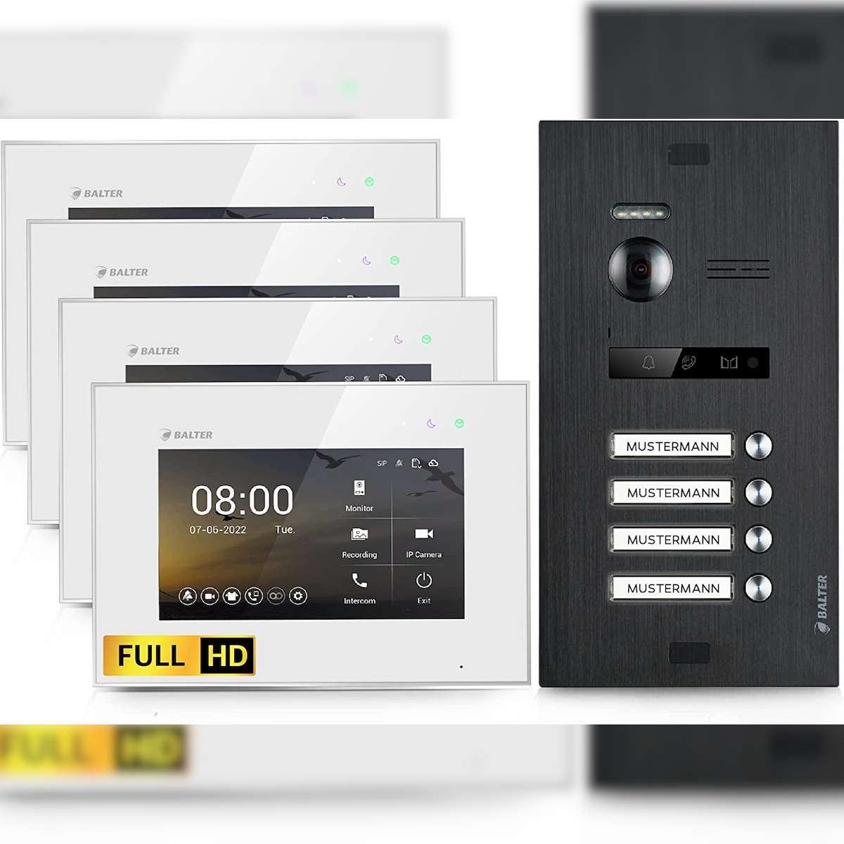 HD Video Türsprechanlage für 4 Familienhaus, 4x Monitor, Balter EVO HD Schwarz Image
