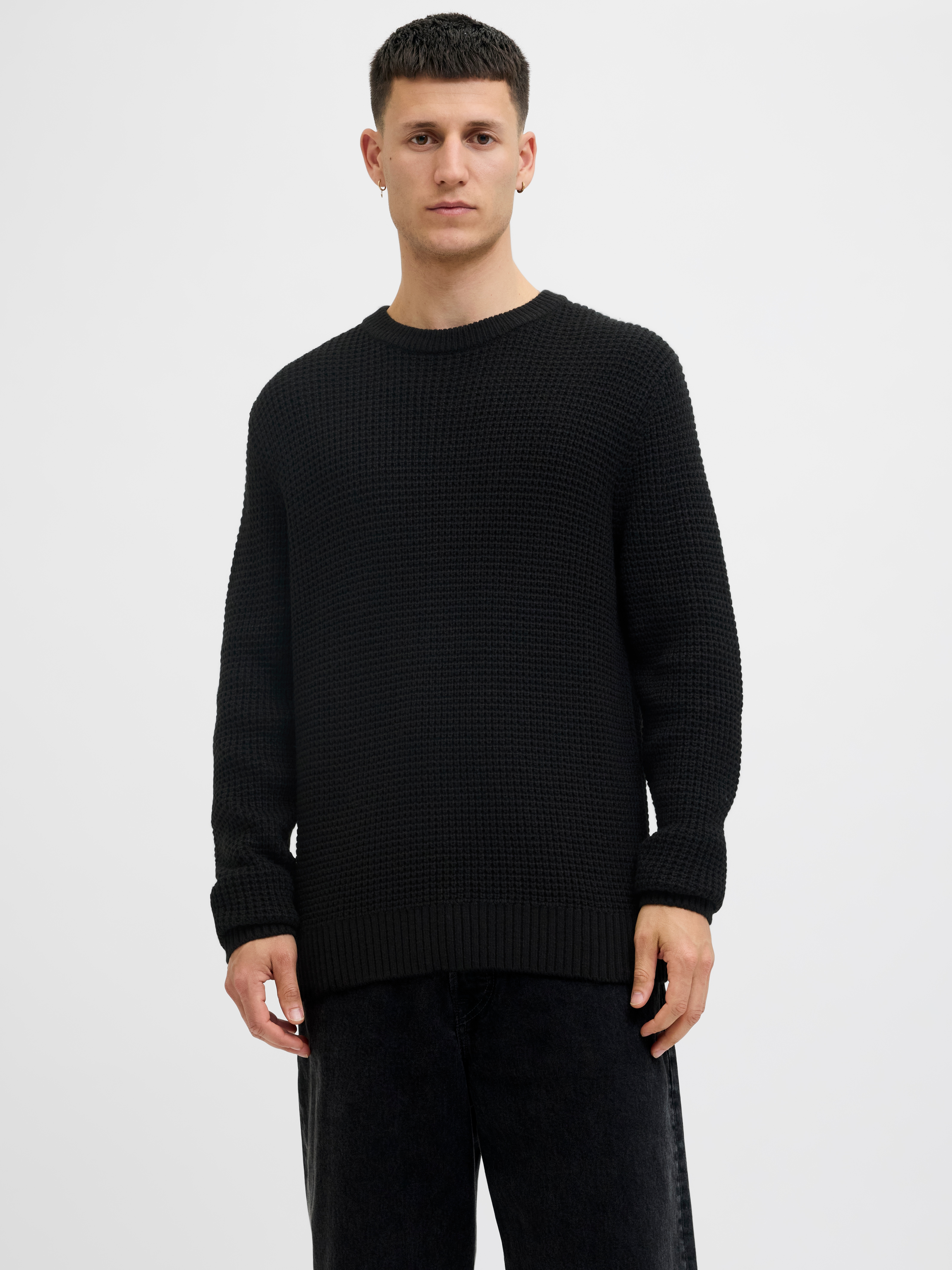 Strickpullover JACK & JONES "JJGLOBAL KNIT CREW NECK", Damen, Gr. S, schwarz, Strick, Obermaterial: 67% Polyacryl, 33% Baumwolle, unifarben, regular fit, Rundhals, Pullover Strickpullover