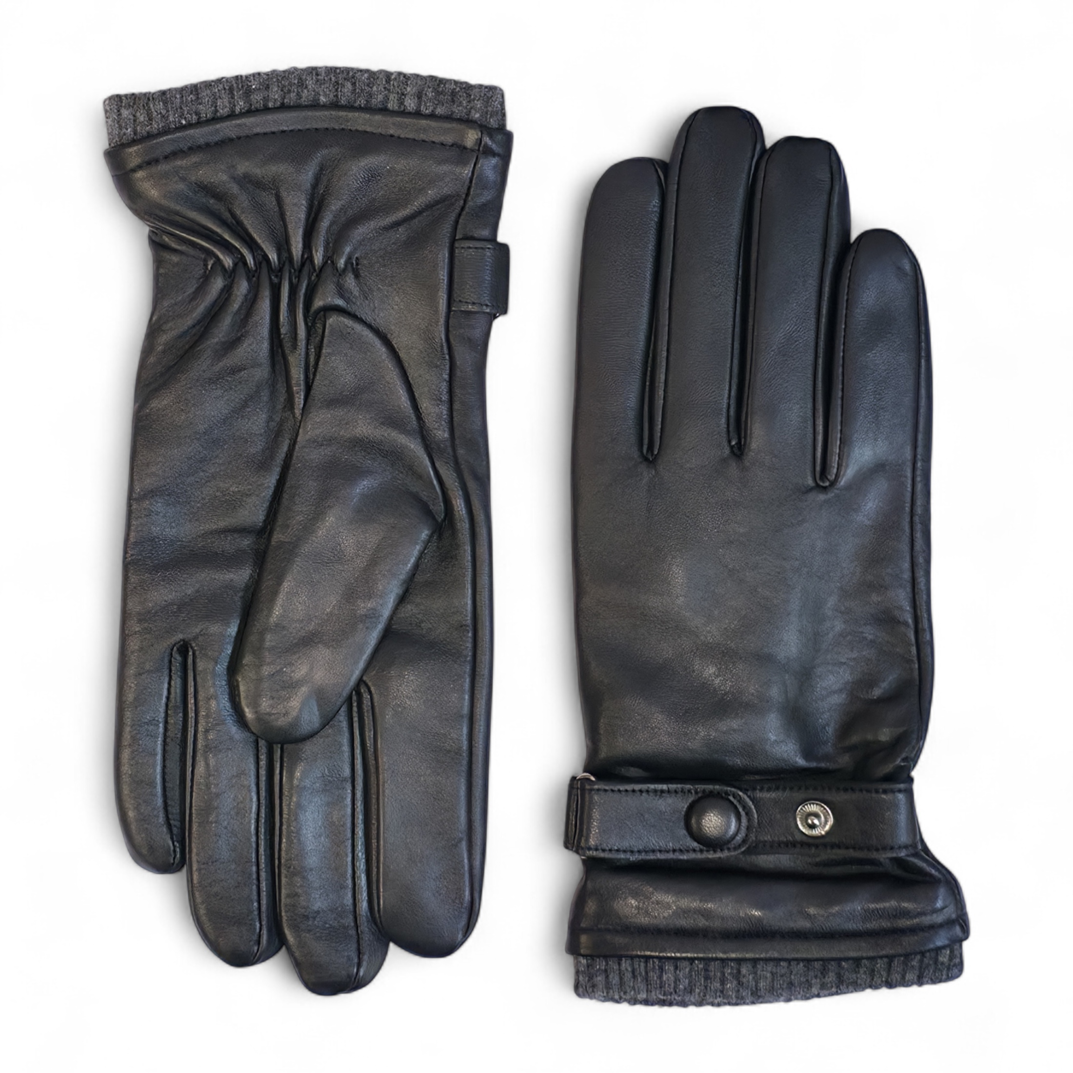 Schwarze Herrenhandschuhe aus italienischem Leder mit warmem Wollfutter, ideal für Winter, Radfahren, Autofahren und Freizeit. Image