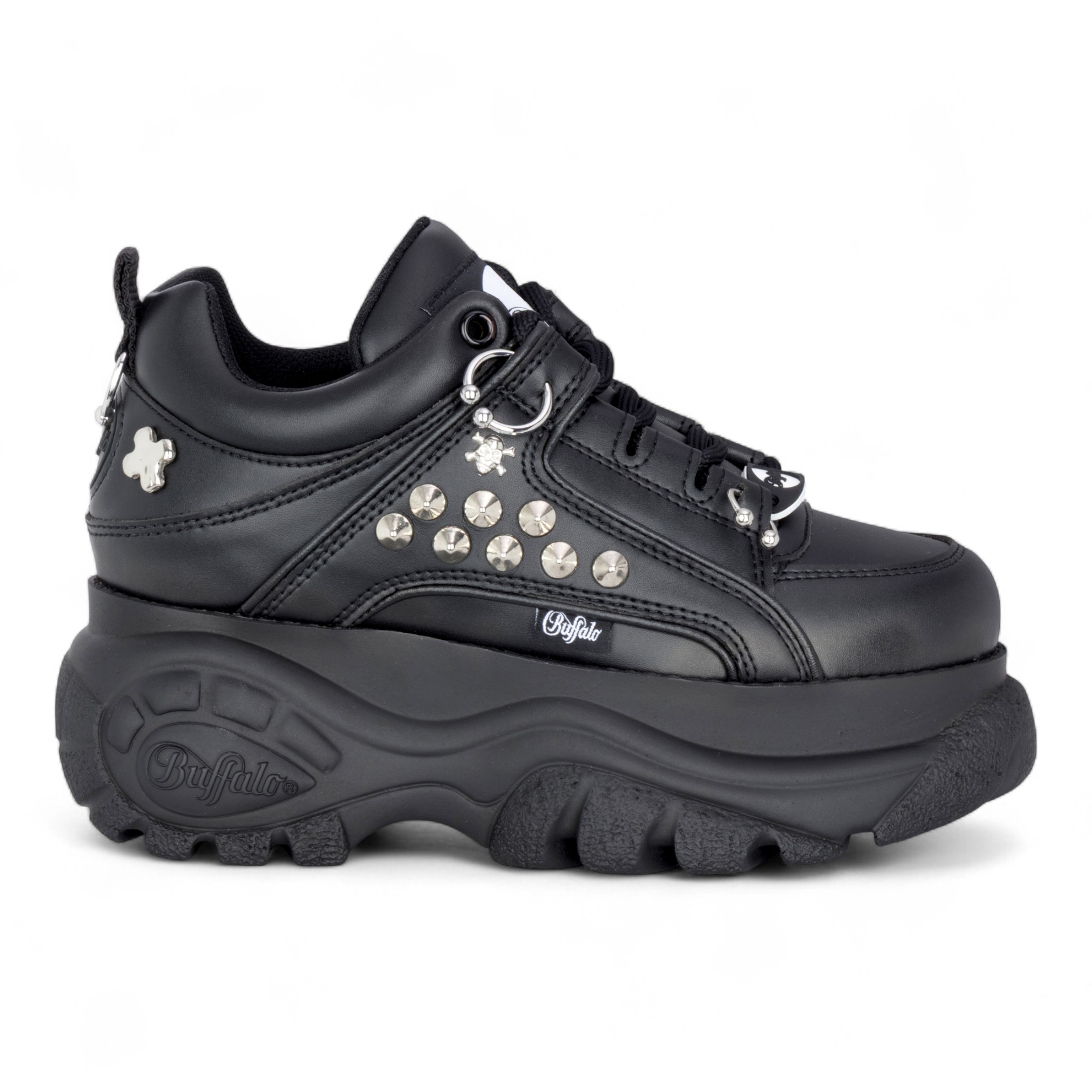 Buffalo Damen-Sneaker, schwarz, mit Nieten besetzt, klobige Plateausohle - 1339-14-PUNK