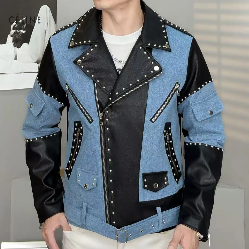 2025 Luxus Punk Club Outfit Lederjacke Männlich Schwarz Blau Patchwork Jacke Männer Niet Dekoration Jacke Mantel Jaqueta Bomber