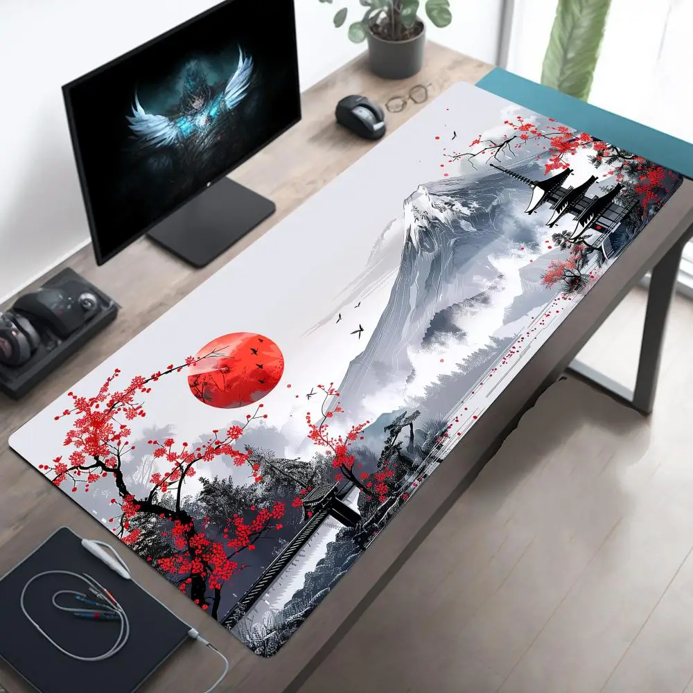 Art Aesthetics Mount Fuji und Cherry Blossom Design, großes Mauspad, Schreibtischunterlage, genähter Rand, rutschfest, langlebig, Gaming-Pad, Büroteppich Image