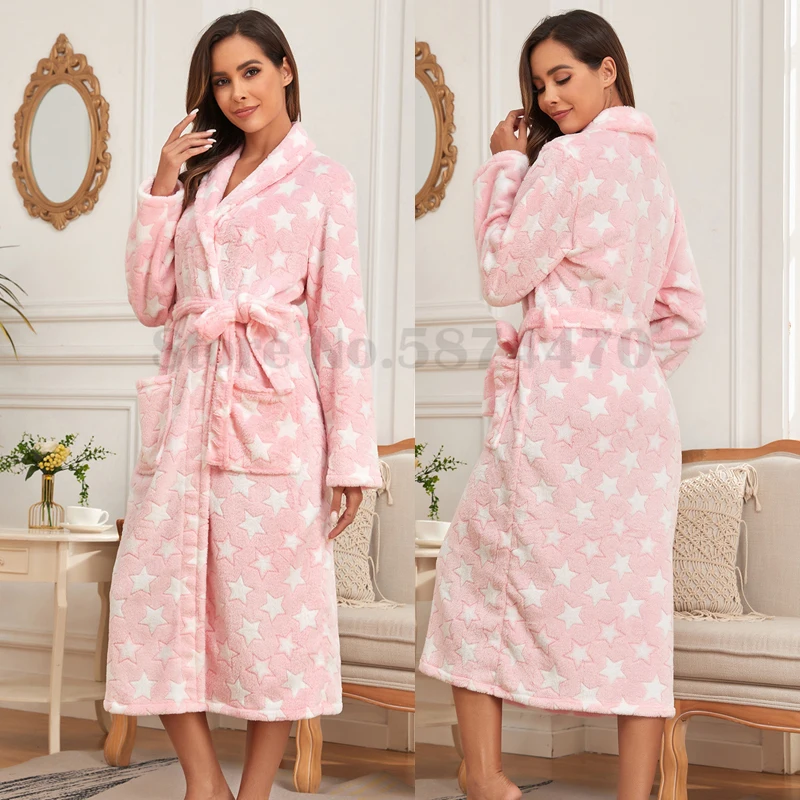 Star Long Robe Damen Langarm Home Kleidung Winter Flanell Lounge Wear verdicken warme Kimono Bademantel Korallen Fleece Nachtwäsche Image