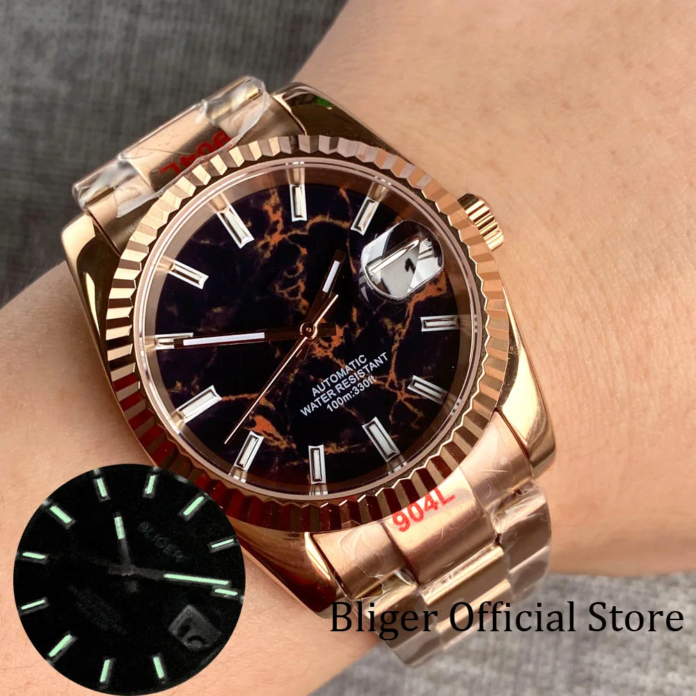 BLIGER NH35A Herrenuhr, 36 mm, 39 mm, automatisches polnisches Gehäuse, geriffelte Lünette, blaues grünes Zifferblatt, Saphirglas, Stahlarmband, Glide-Lock Image