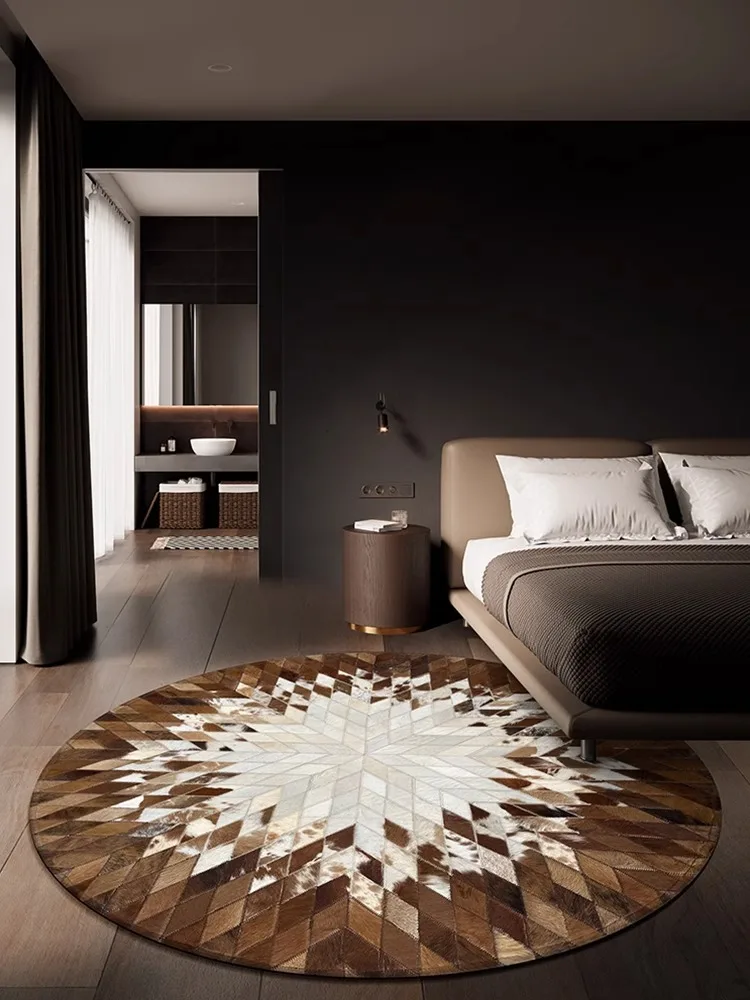 Carpet Handmade Genuine Cowhide Round Carpet Home Living Room Simple Area Rug Bedroom Bedside Cloakroom Office Rug