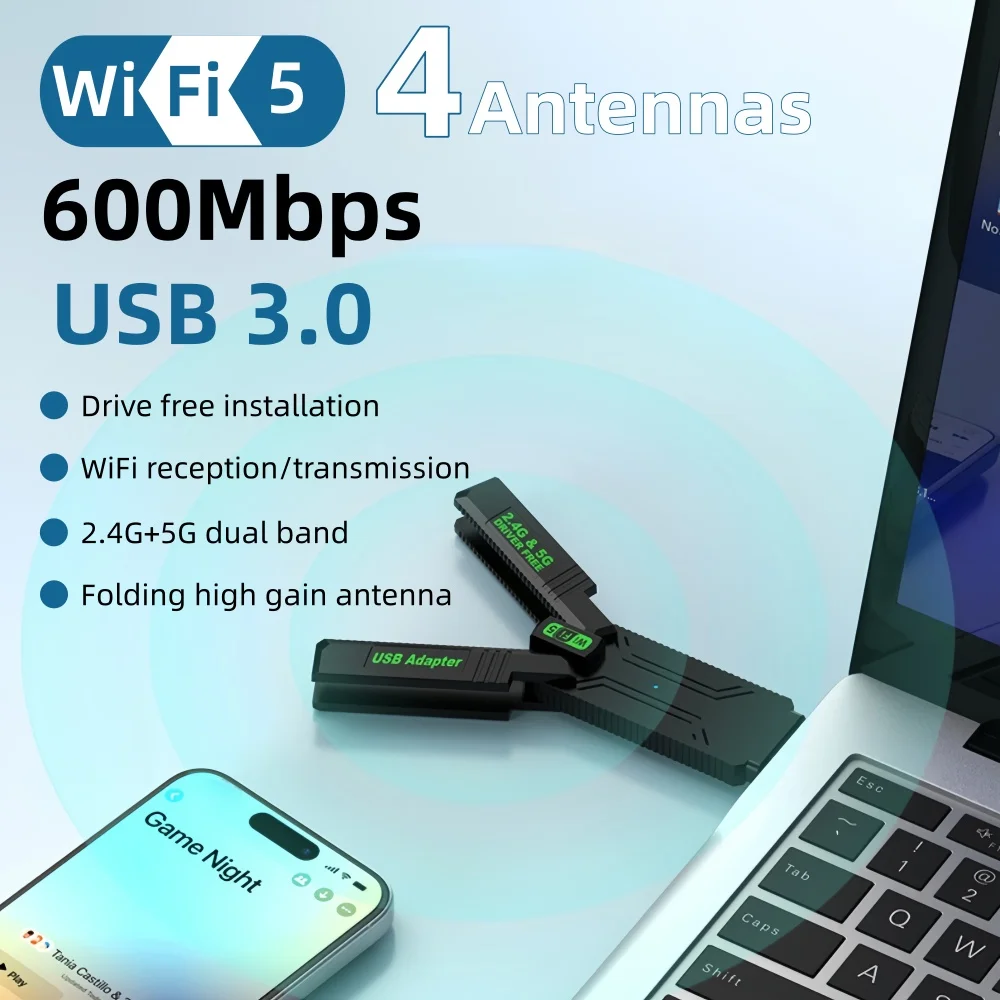 600 Mbit/s WiFi5 USB-Adapter, drahtlose Netzwerkkarte, 2,4 G und 5 G, 4 Antennen, zusammenklappbar, USB 3.0, kabelloser Empfänger ohne Laufwerk für Win8/10/11 Image
