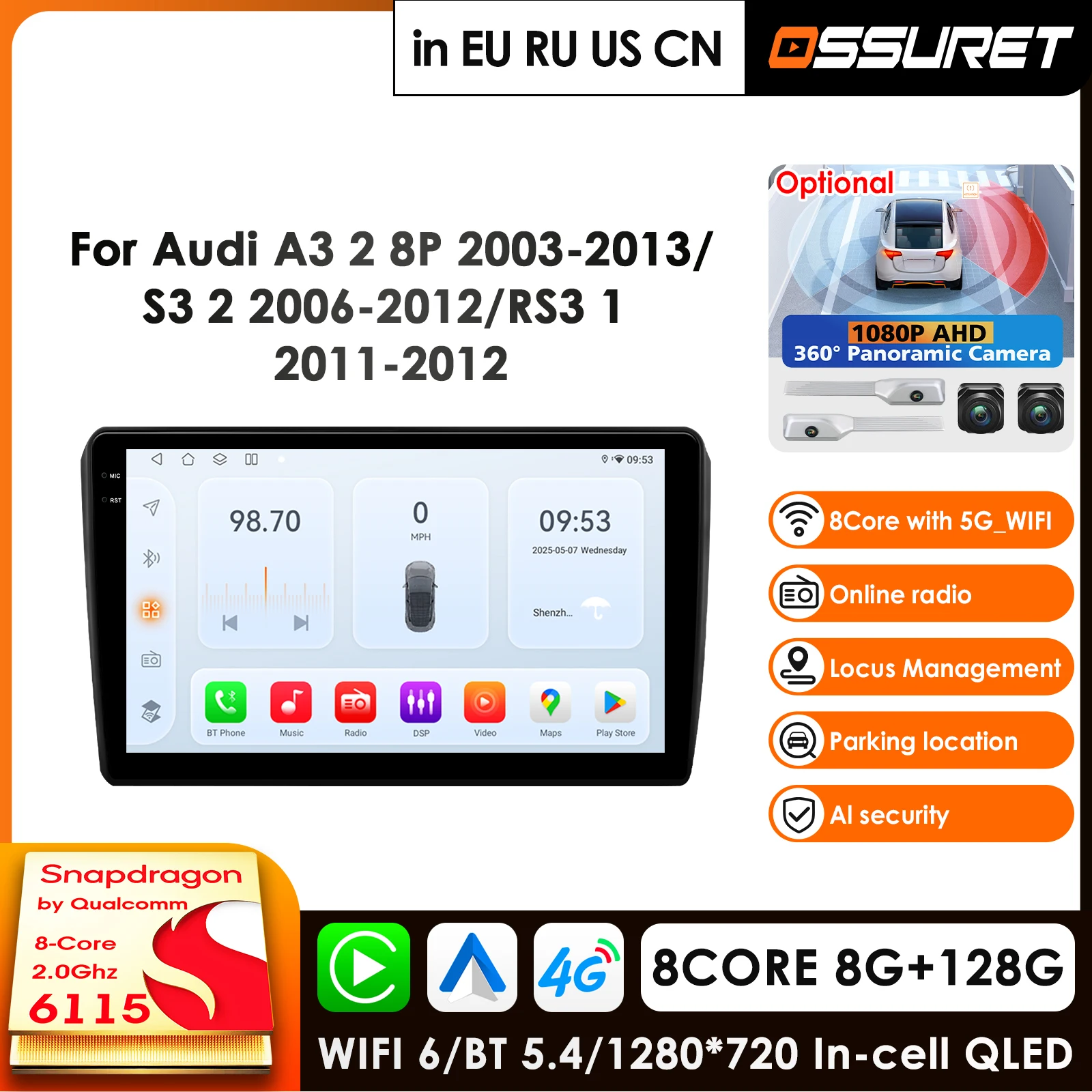360Camera Auto Sistemi Intelligenti Android 14 Autoradio per Audi RS3 Sportback A3 8P S3 2003-2012 Multimedia Autoradio Carplay 4G