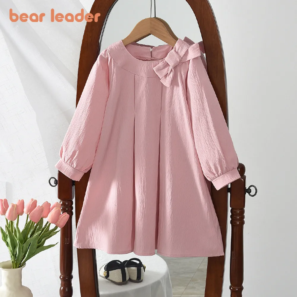 Bär Führer Herbst Rosa Süße und Niedliche Prinzessin Kleider Koreanische Ausgabe Mode Einfarbig Bogen Dekoration Kinder Casual Kleid Image