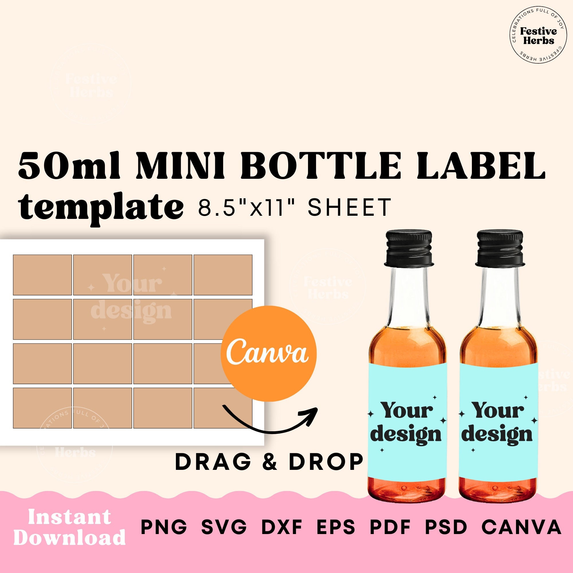 Modello di etichetta per mini bottiglia di vino, modello di etichetta per liquore da 50 ml Canva, etichetta per mini bottiglia di vino SVG stampabile,