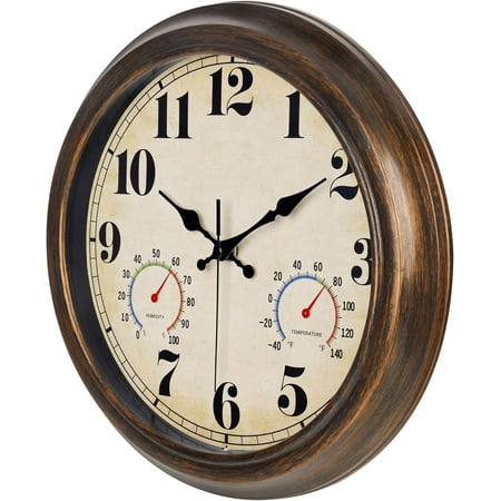QIHE-13-Inch Vintage Outdoor Wall Clock with Thermometer and Hygrometer Waterproof Large Numbers Silent for Indoor and Outside Use Porch Garden Pool(Bronze)