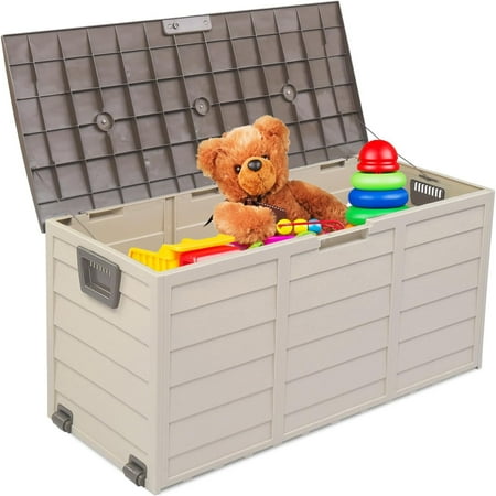 HYJY Upgraded 75 Gallon Outdoor Storage Box Lockable Plastic Storage Containers with Lid Patio Deck Box Furniture for Garden Pool Balcony Yard (Coffee)