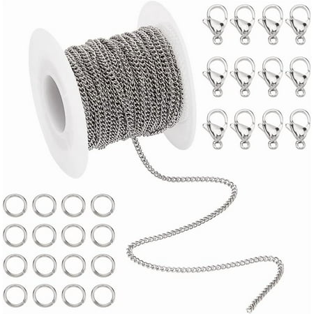 33 Feet 304 Stainless Steel Curb Cable Chain 2mm Link Necklace Chain with 20pcs Lobster Claw Clasps and 30pcs 6mm Open Jump Rings Necklaces Jewelry DIY Crafts Making Stainless Steel Color 1set