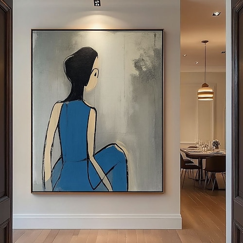 Handgemaltes abstraktes Figurenbild, handgefertigte abstrakte Kunst einer Frau, blaue Mädchenbilder, Wandkunst, großformatige strukturierte Kunst, handgefertigtes Originalporträt, beige abstrakte Image