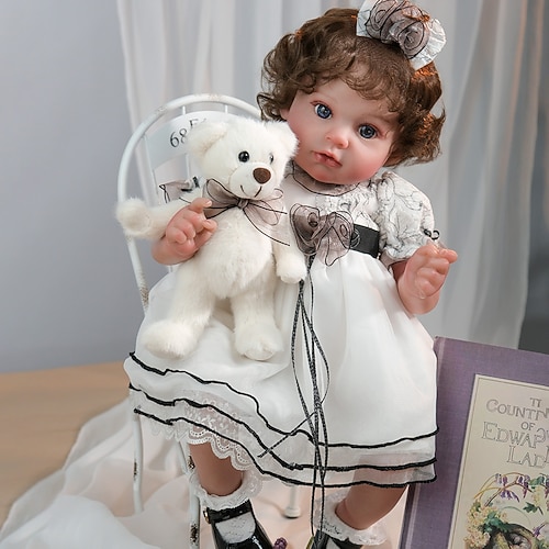 Wiedergeborene Babypuppen - 60 cm weiche Körper realistische Puppenmädchen liebenswert wach lockiges Haar Mädchen Bebe Reborn aus Silikon realistische Babypuppen mit Geschenkschachtel für Kinder ab 3 Image