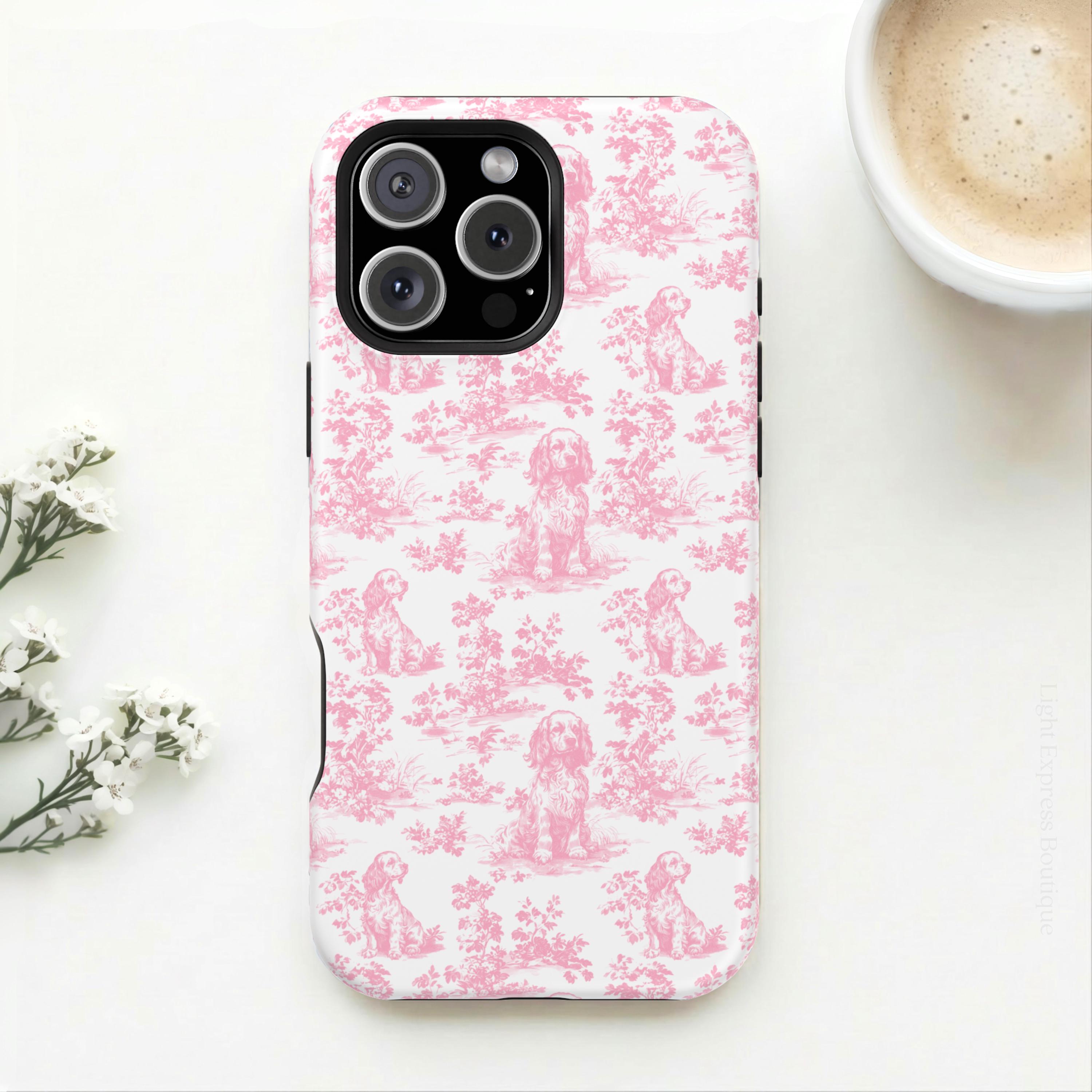 Custodia per telefono resistente MagSafe Pink Toile Cocker Spaniel per iPhone 17, 16, 15, 14 Pro Max. Custodie protettive magnetiche Coquette per gli
