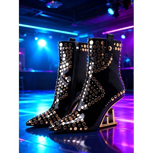 Schwarze, nietenbesetzte Stiefeletten mit Absatz für Damen – modische Stiefeletten mit spitzer Zehenpartie und goldfarbenem Metallic-Absatz, perfekt für Ausgehen, Clubbesuche und Partys. Image