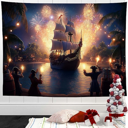 Weihnachts-Wandteppich mit Luftschiff und Kreuzfahrtschiff – festlicher Wandbehang für die Feiertage, dekorativer Wandteppich mit Weihnachtsmann und Schneelandschaft für Schlafzimmer und Wohnzimmer Image