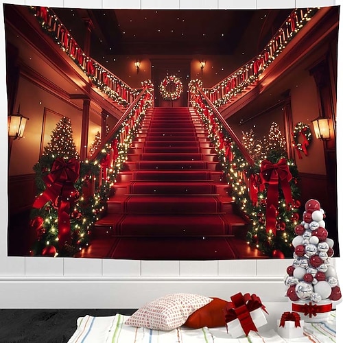 Weihnachtstreppen-Wandteppich – festlicher Wandbehang mit Lichterketten- und Girlandenmuster, winterliche Wohnzimmerdekoration Image