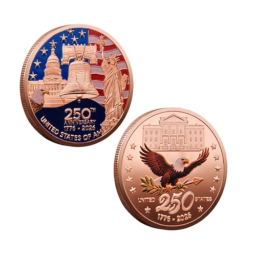 Gedenkmünzen zum 250. Jahrestag – goldene amerikanische Flagge Sammlermünzen mit Freiheitsglockenmotiv, langlebige Jubiläumsmünzen aus Metall für Sammler. Geschenkidee, patriotisches Design Image
