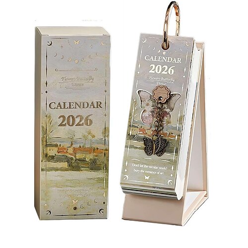 Vintage-Tischplaner 2026 – 365-Tage-Kalender mit Goldringbindung Motivierende Zitate – Ölgemälde-Vorlagen für jeden Tag (eine Seite) – ideal für Zuhause und Büro Weihnachts- oder Geburtstagsgeschenk Image