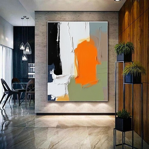Originales Ölgemälde, handgemaltes abstraktes Acrylgemälde, schwarz-weiß-orangefarbenes abstraktes Ölgemälde, mehrfarbiges Leinwandgemälde, farbenfrohe, strukturierte Wandkunst, große orangefarbene Image