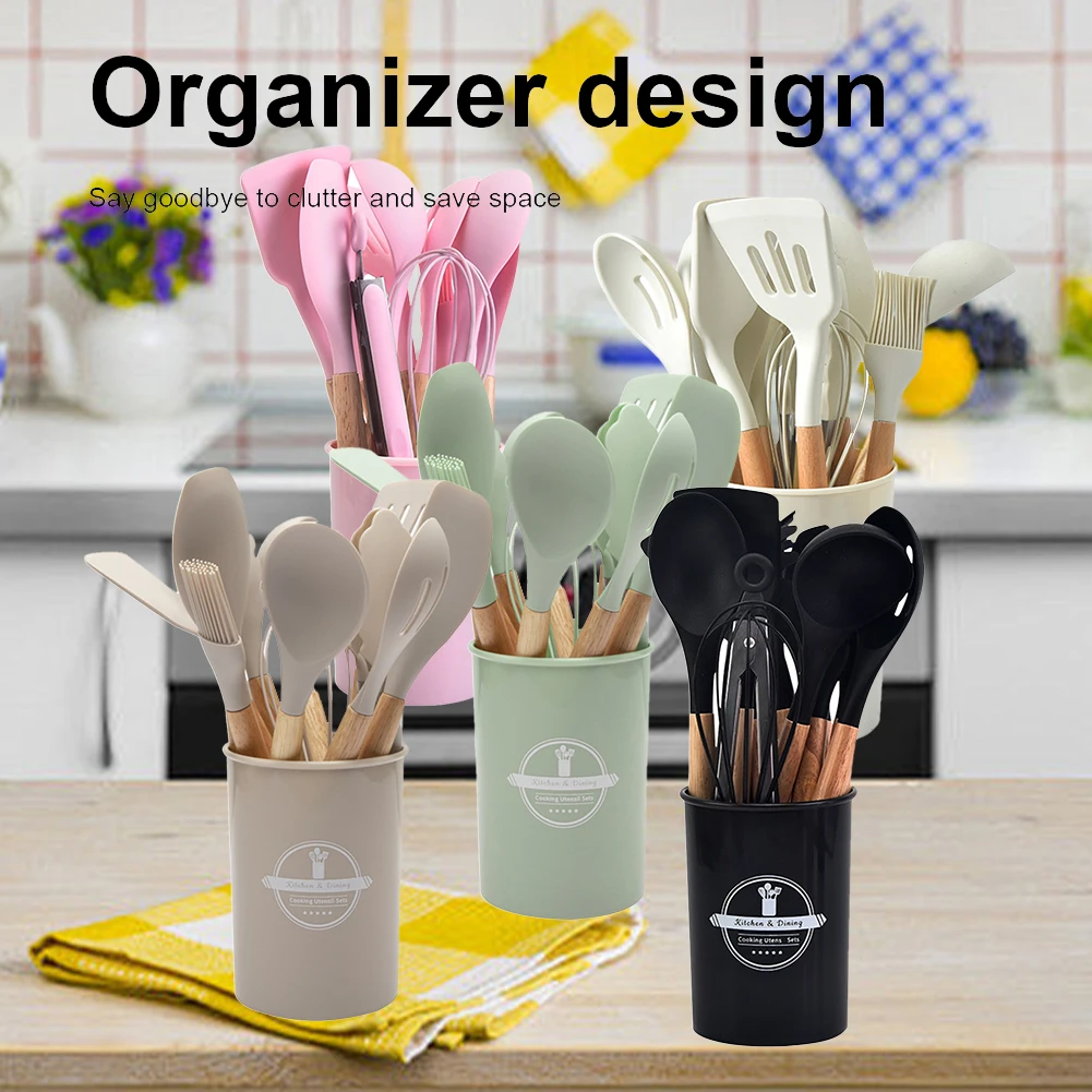 Ensemble d'ustensiles de cuisine 12 pièces, Kit d'outils de cuisine avec support, ustensiles de cuisine résistants à la chaleur, ensemble de spatules antiadhésives pour la cuisine domestique