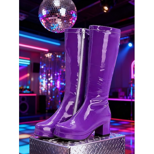Lila Damen-Kniestiefel aus Lacklederimitat – stylisches Reißverschlussdetail, klobiger Absatz, Retro-Disco-Stil der 80er Jahre für Partys, Ausgehen und gewagte Fashion-Looks Image