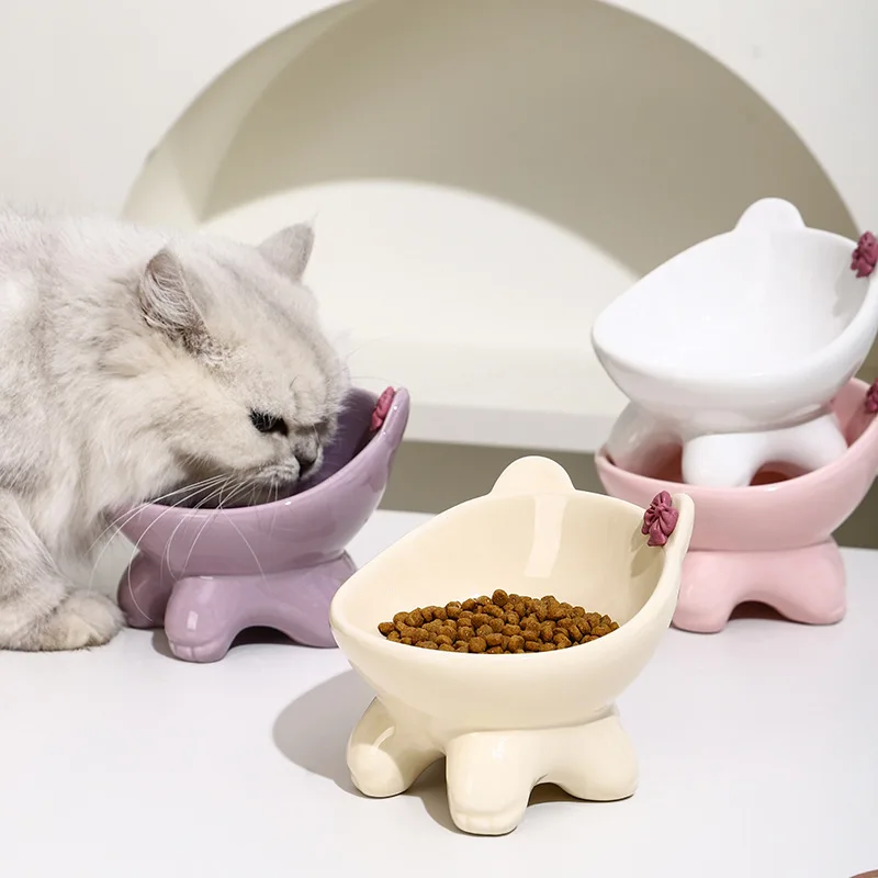 Bol de nourriture inclinable en céramique pour chat, bol surélevé, plat de nourriture ergonomique pour chat, Anti-vomissement, bol de nourriture surélevé pour chat, antidérapant pour chats et chiens