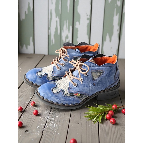 Retro-Stiefeletten aus Leder für Damen – handgefertigte Schnürschuhe mit kunstvollem Patchwork-Design für Weihnachten, Herbstausflüge und den Alltag Image