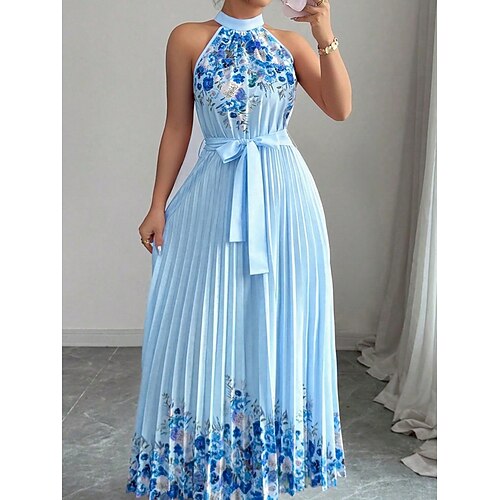 Damen Maxikleid A Linie Kleid Halterkleid Urlaub Lässig Outdoor Ausgehen Normale Passform Blumen Grafik Ärmellos Neckholder Blau Rosa Purpur Grün Sommer Frühling Image