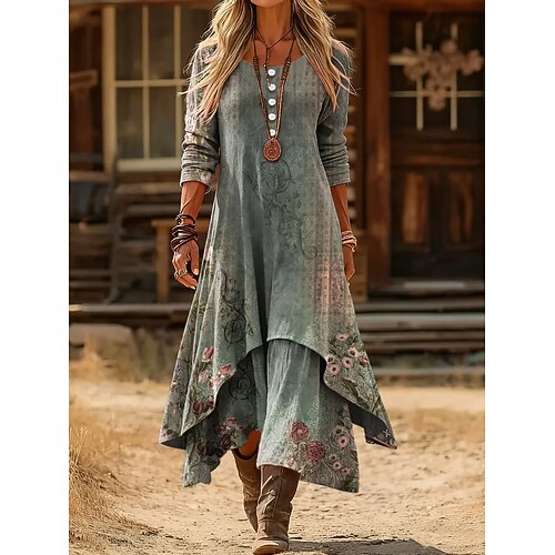 Damen Midikleid Shiftkleid Lässig Täglich Ferien Normale Passform Grafik Geometrisch Langarm Rundhalsausschnitt Blau Rote Königliches Blau Orange Herbst Winter Image