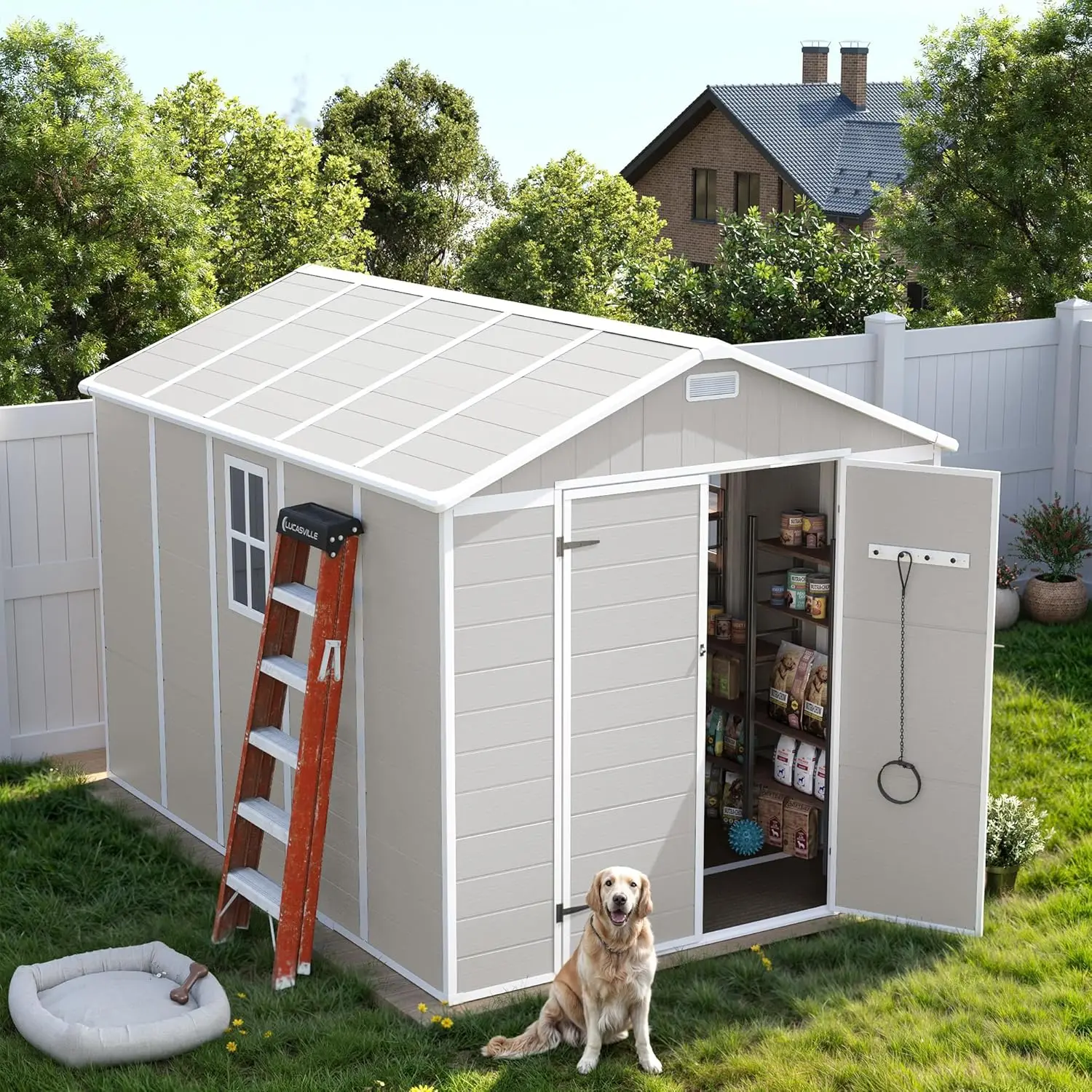 Resin Storage Shed 8 x 10 FT, Outdoor Garden Sheds with Floor Plastic Patio Outdoor Storage with Lockable Door for Bike