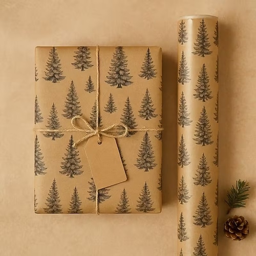 Weihnachtsgeschenkpapierrolle, 300 cm (118 Zoll), groß 17 × 2 Zoll (43 × 5 cm), strapazierfähig, Tannenzapfen Nadelbaum-Design, elegantes Grau/Schwarz/Beige, ideal für Weihnachtsgeschenke und Karten Image