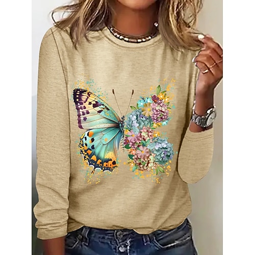 Damen T Shirt Druck Grafik Tiermotiv Schmetterling Vintage Mode Stilvoll Kurzarm Langarm Rundhalsausschnitt Rundhals Normale Oberteile Täglich Wochenende Schwarz Weiß Rosa Grün Khaki Sommer Frühling Image