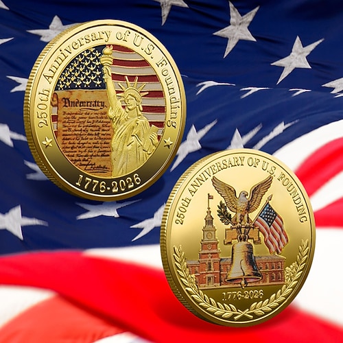 250. Jubiläums Gedenkmünzen - Goldene amerikanische Flagge Freiheitsglocken Design Sammlermünzen langlebige Metall Jubiläumsmünzen für die Darstellung Sammler patriotisch Semiquincentennial Image