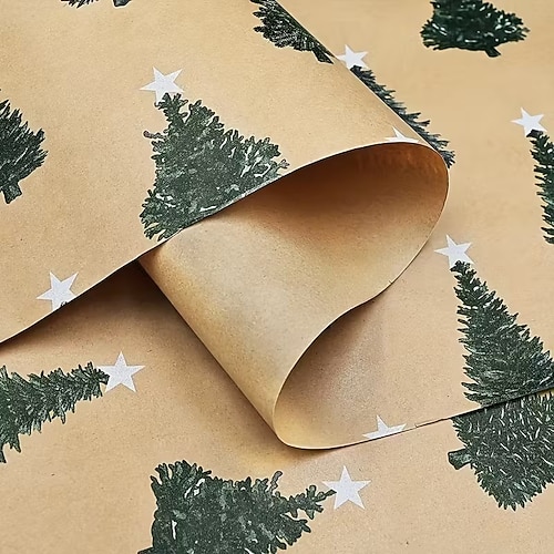 1 Rolle grünes Kraftpapier-Geschenkpapier mit Weihnachtsbaummotiv (17 × 118), festliches Weihnachtspapier mit rotem Band, perfekt für Weihnachten Geschenkpapier zum Geburtstag, Bastelideen und Image