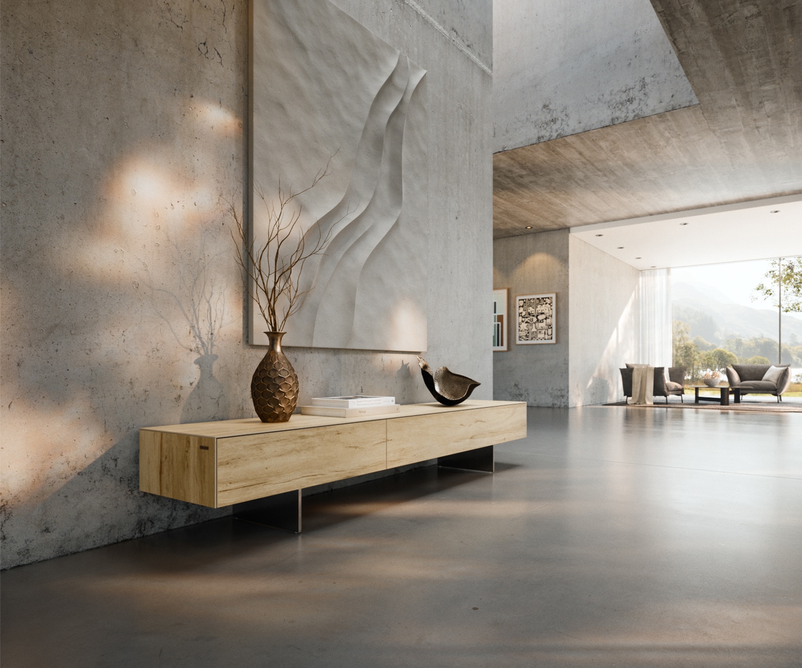 DELIFE Lowboard Cuor 200 cm Keramik Laminam® Sabbia Eichefarbig 1 Klappe 1 Schubfach Fuß Schwebeoptik Edelstahl, Lowboards Image