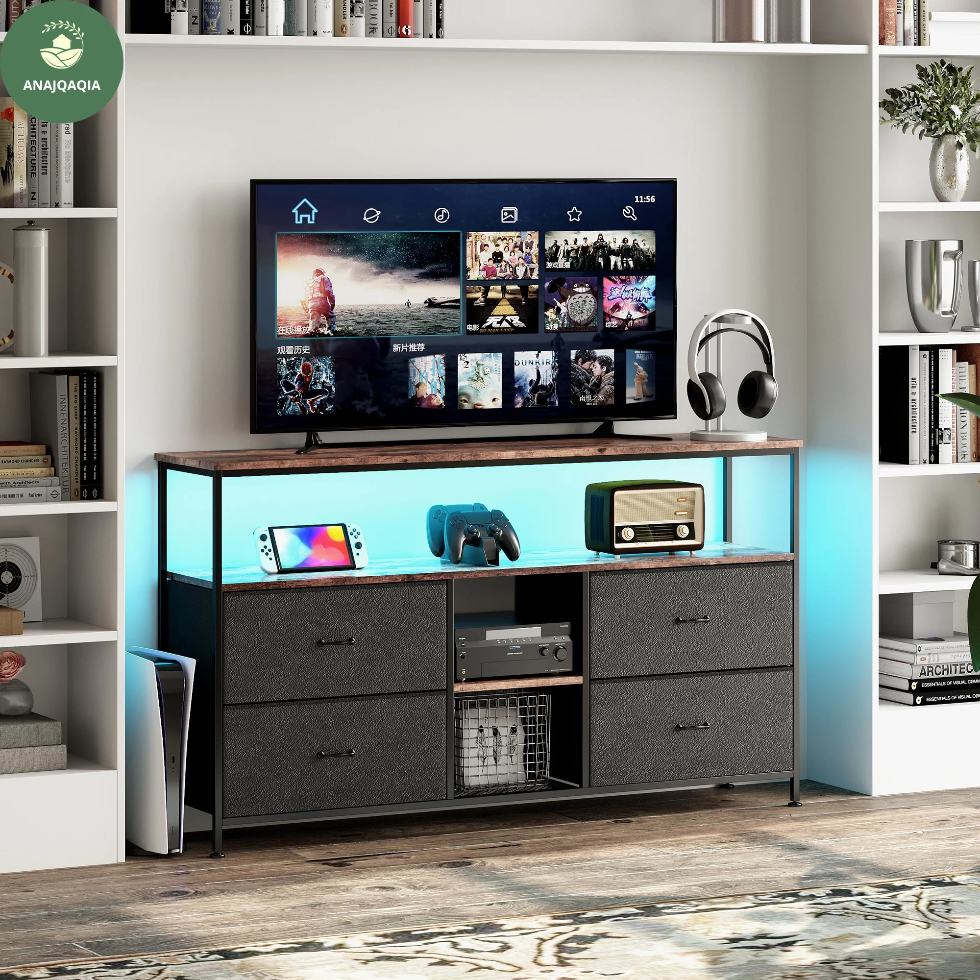 Anajqaqia Meuble TV LED à couleur changeante 108 × 30 × 78 cm, avec 4 tiroirs, table de salon, meuble avec rangement, meuble TV