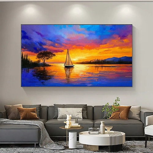 Handgemaltes Original-Ölgemälde auf Leinwand, großes handgemaltes Gemälde, Wandkunst, abstraktes Segelbootbild, Sonnenuntergangslandschaft, minimalistische Wohnzimmerdekoration Image