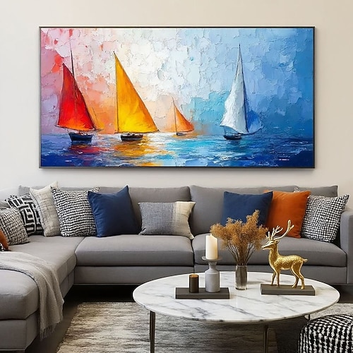 Handgemaltes abstraktes Segelboot-Ölgemälde, farbenfrohe maritime Wandkunst, moderne Wohndekoration, großes Leinwandbild, lebendige Meereslandschaft, zeitgenössische Kunst Image