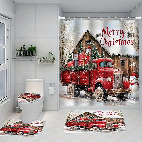 Vierteiliges Duschvorhang-Set inklusive rutschfestem, stabilem WC-Sitz und Badematte – Weihnachtsmann-Weihnachtsbaum-Motiv, wasserdichtes Polyestermaterial mit 12 Haken für das Badezimmer Image