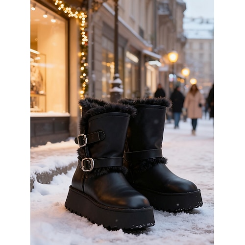 Braune Damen-Winterstiefel mit Kunstfellfutter – Schnallendetail, kuschelige Wärme und Plateausohle für lässige Outdoor-Aktivitäten, verschneite Tage und Wintermode Image